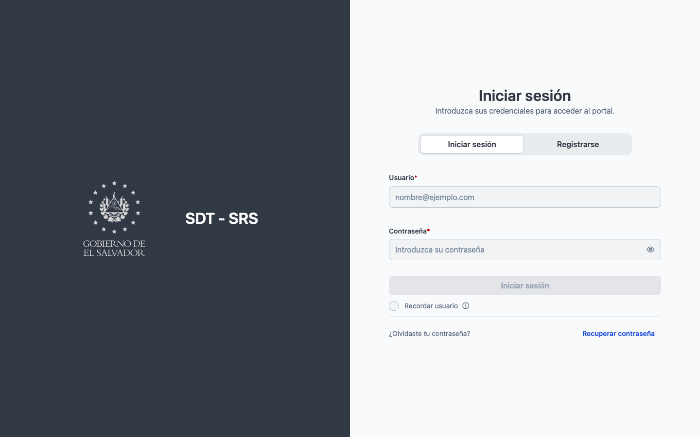 Pantalla de acceso al portal SDT con branding institucional