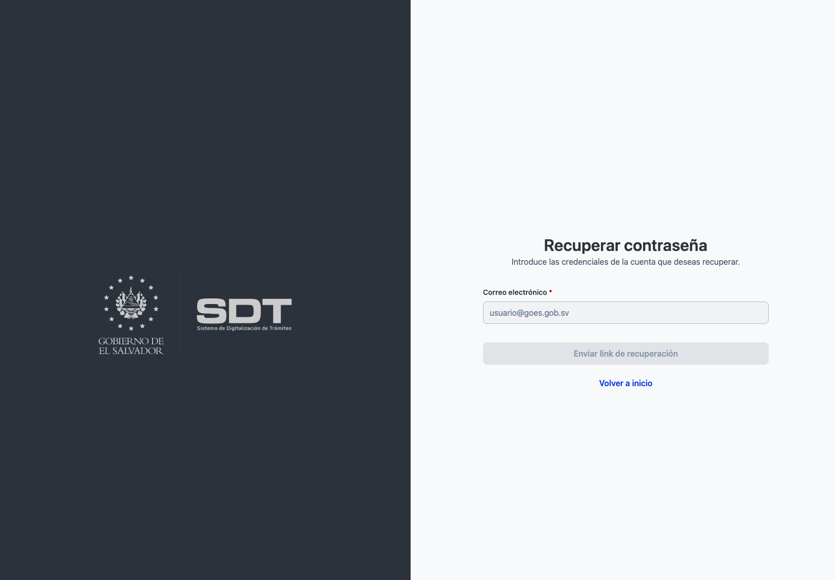 Pantalla Recuperar contraseña con campo de correo