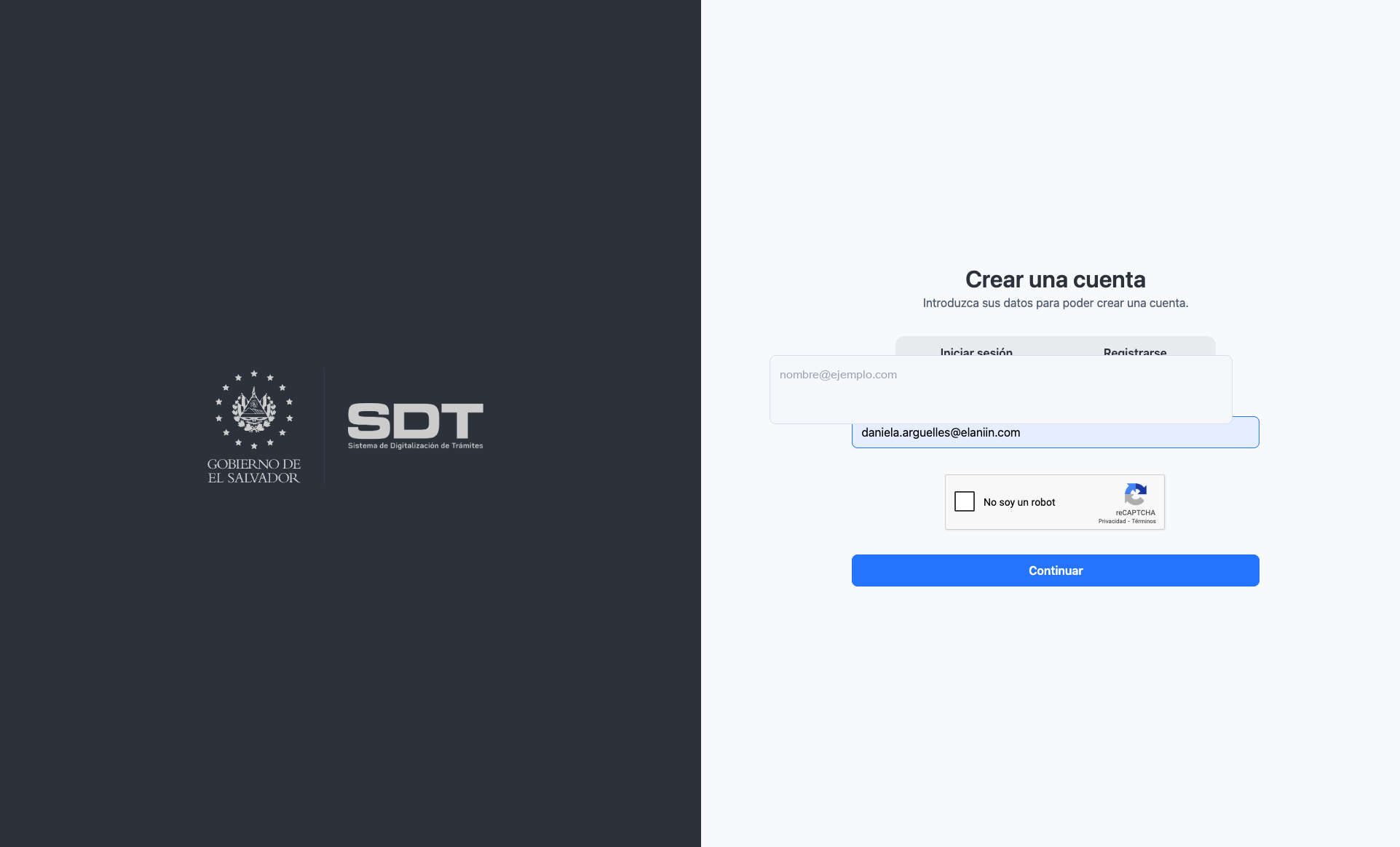 Pantalla Crear una cuenta con campo de correo electrónico