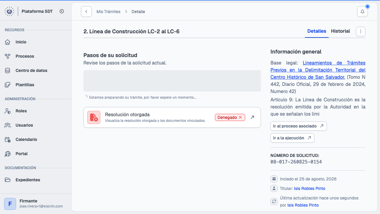 Detalle de solicitud con todos los pasos completados y resolución otorgada