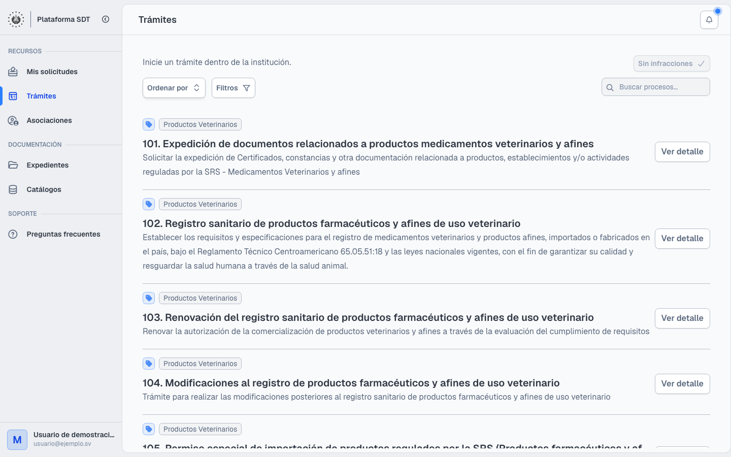 Catálogo de trámites disponibles en el portal SDT
