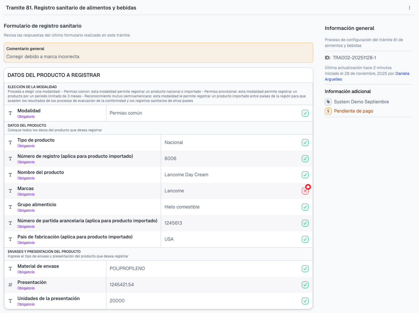 Formulario con comentario general y campo marcado para corrección