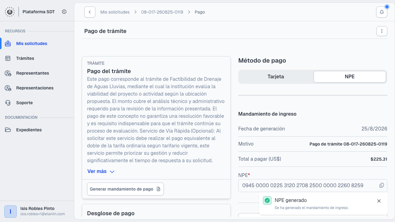 Pantalla de pago con opción NPE