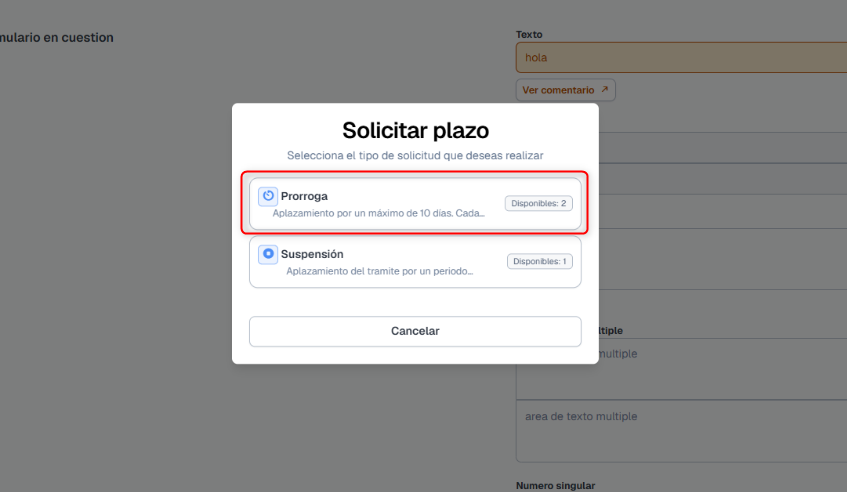 Modal Solicitar plazo con opciones Prórroga y Suspensión
