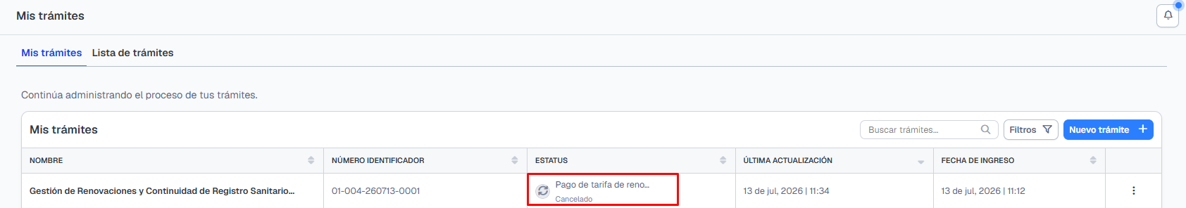 Solicitud con estado Cancelado tras desistir