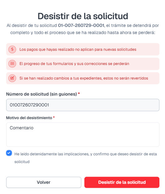 Modal para confirmar desistimiento con ID y motivo