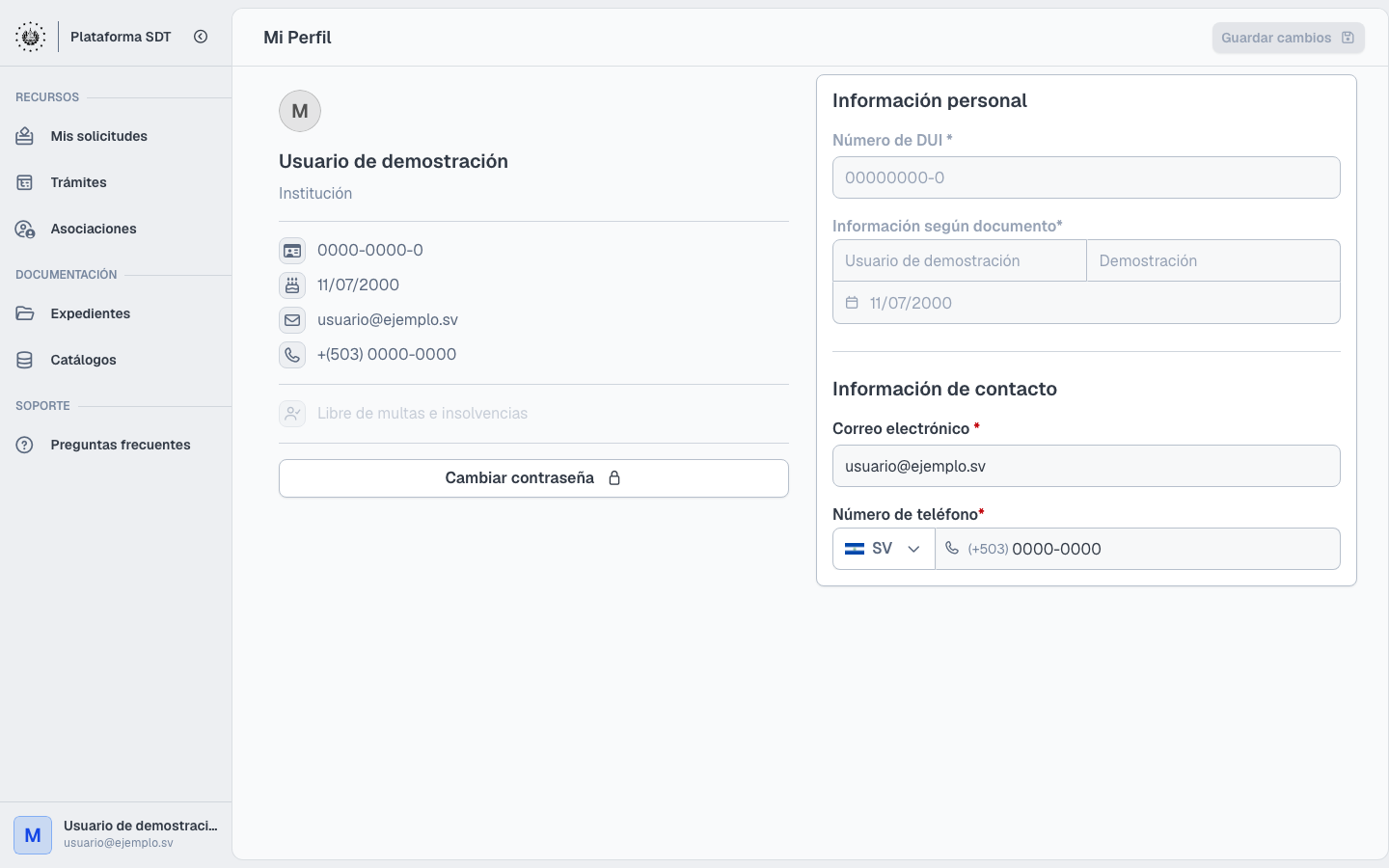 Pantalla Mi perfil con datos de contacto editables