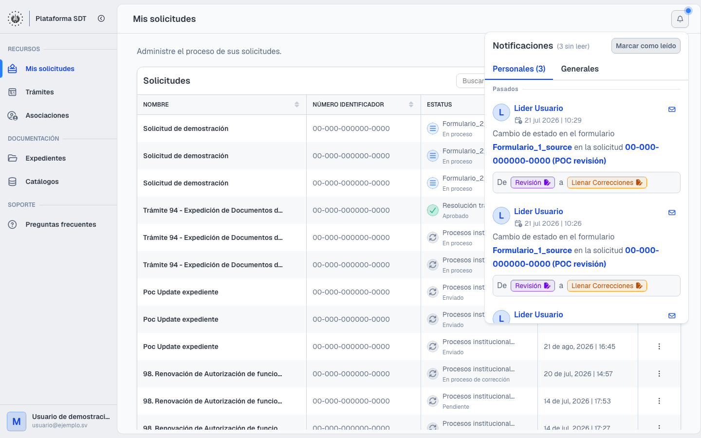 Panel de notificaciones en la barra superior del portal