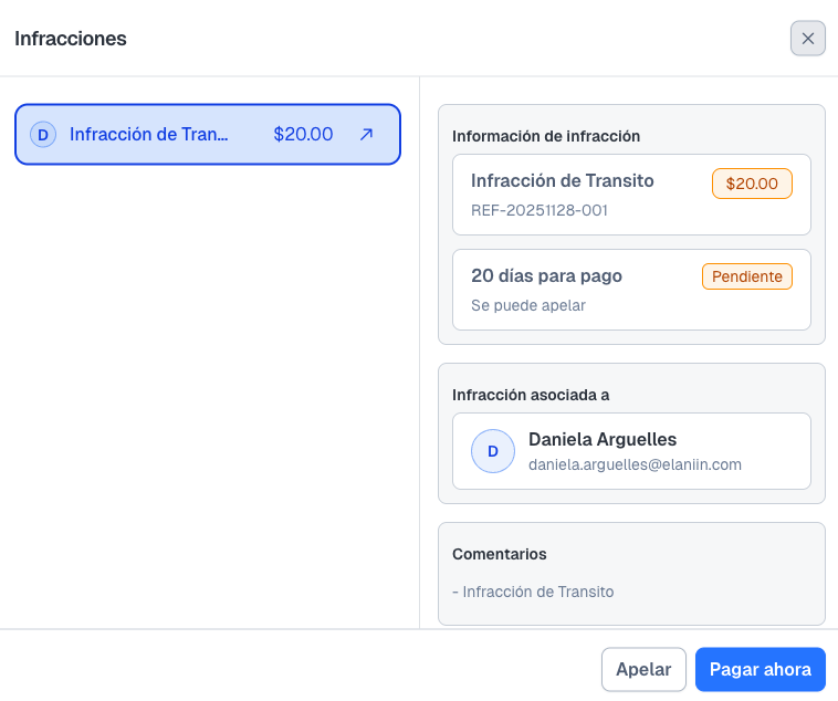 Modal con detalle de multa e insolvencia