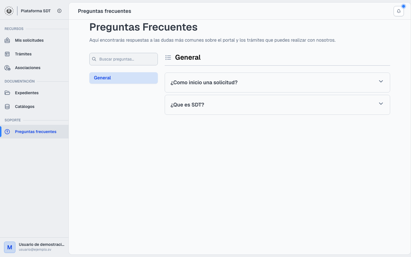 Página de preguntas frecuentes del portal SDT