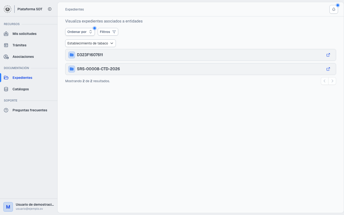 Listado de Expedientes bajo Documentación, con selector de entidad
