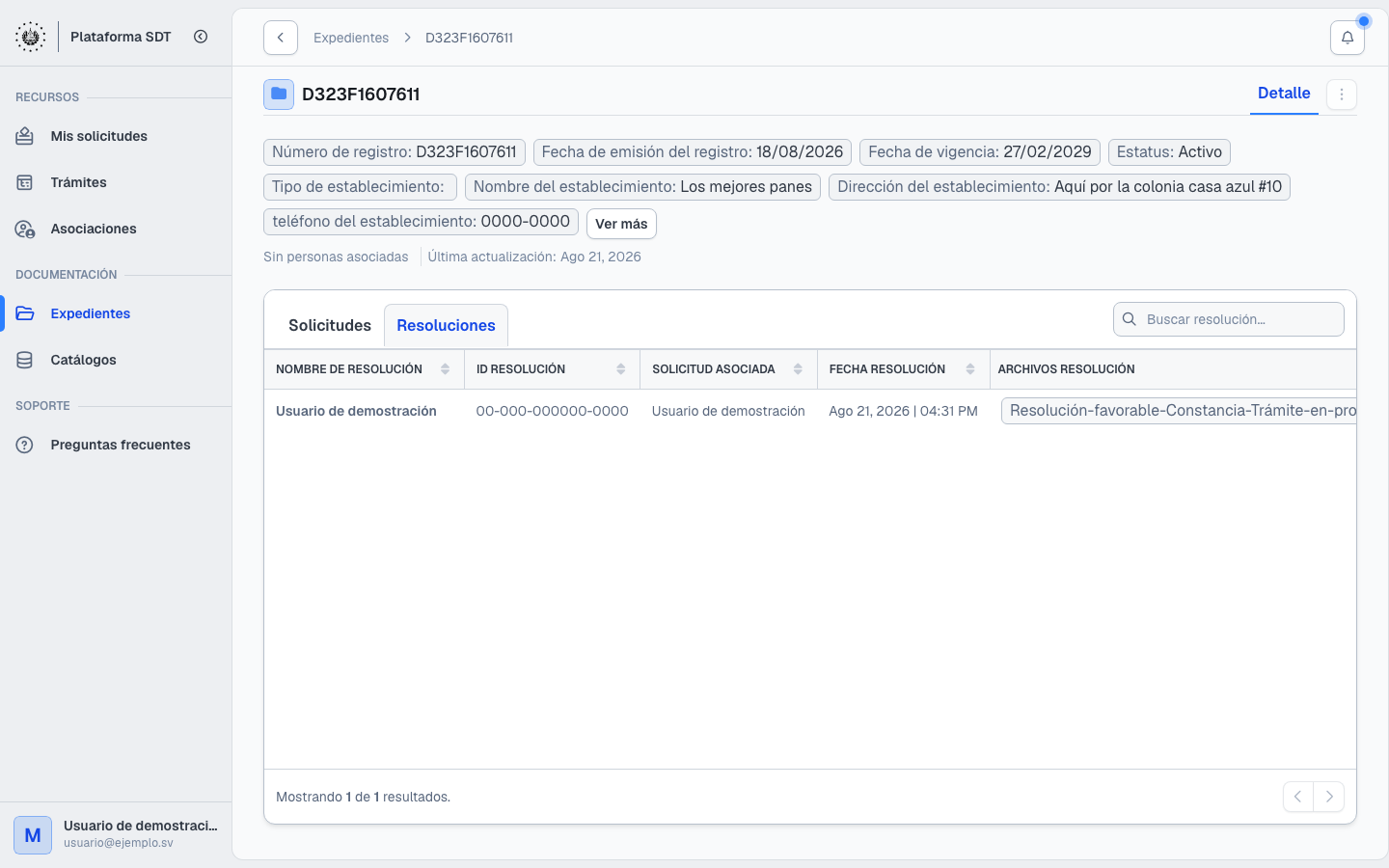 Pestaña Resoluciones del detalle de un expediente