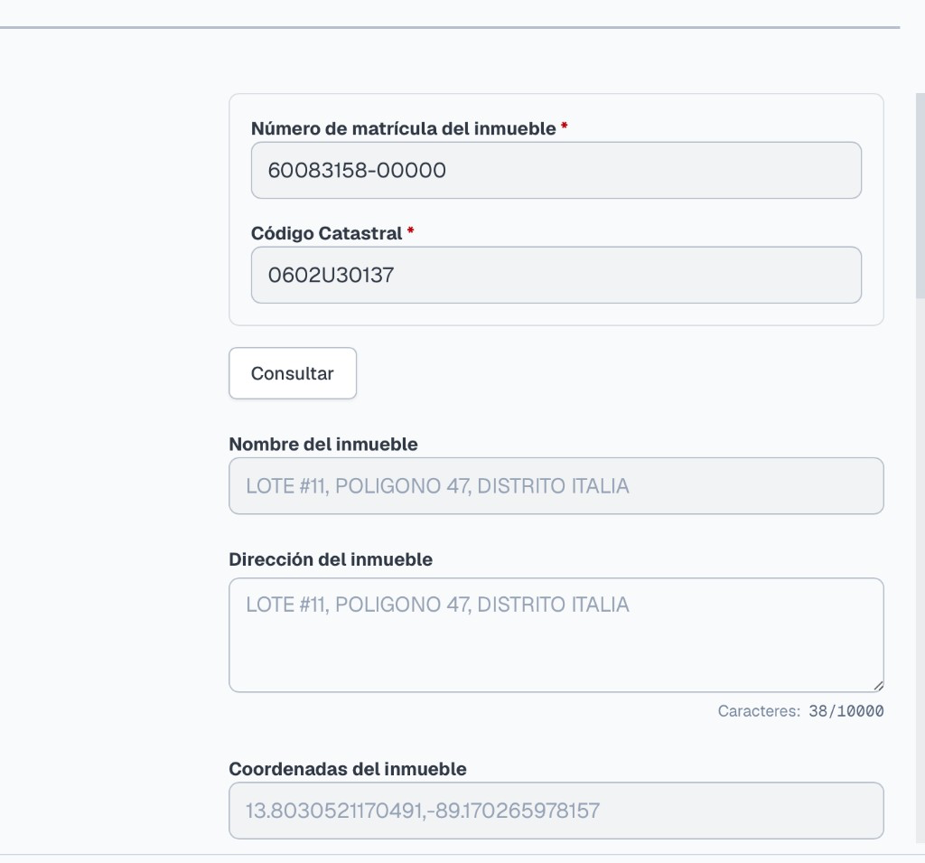 Consulta de inmueble: claves ingresadas, botón Consultar y datos precargados