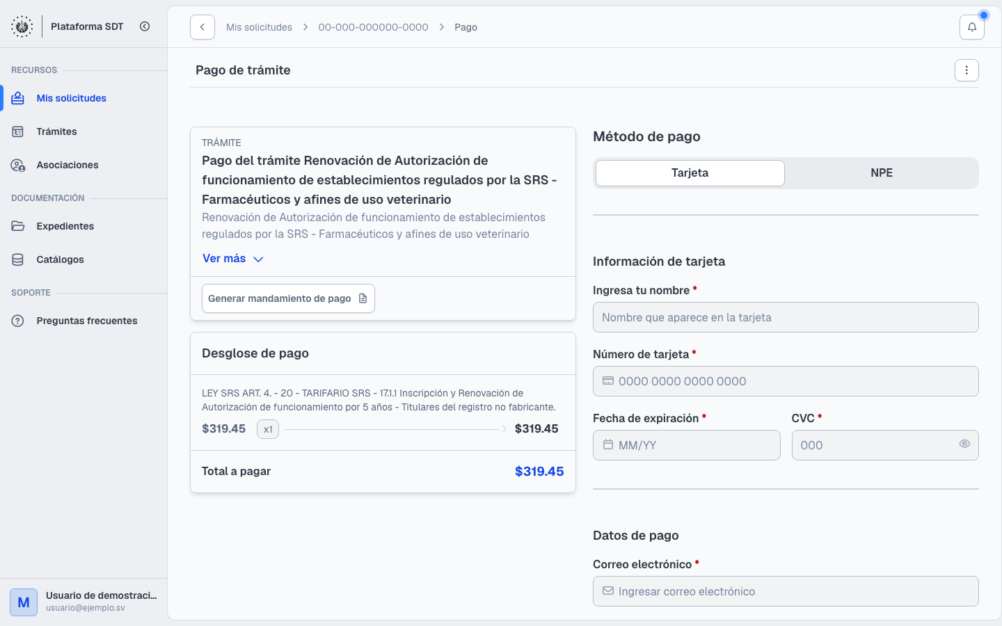 Pantalla de pago con método Tarjeta y desglose de monto