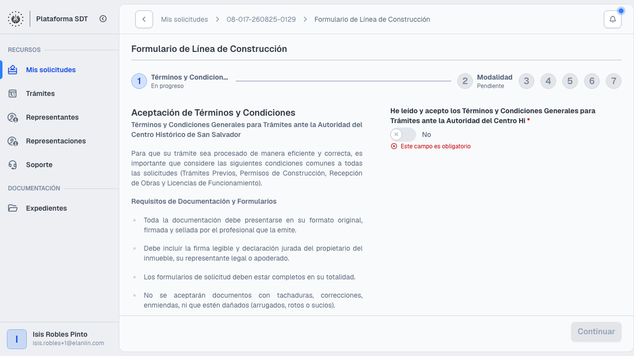 Formulario de Línea de Construcción: aceptación de términos