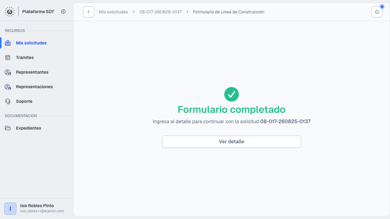 Confirmación de formulario de Línea de Construcción enviado